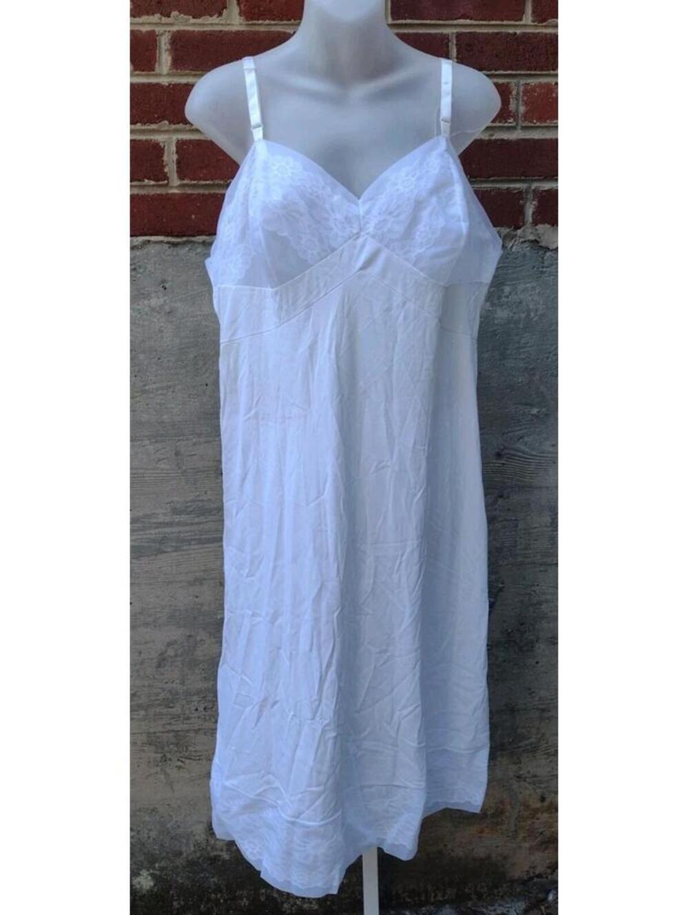 VTG 70s White Nylon Slip Encased Lace Chiffon Trim Adjustable Straps Cottagecore